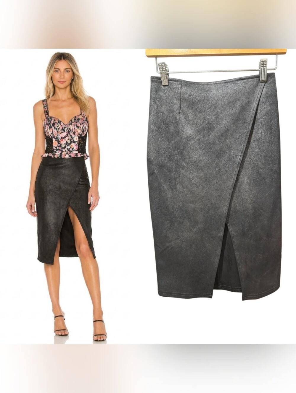 NWT Free People Whitney Vegan Leather Faux Suede Wrap Midi Skirt Black XS